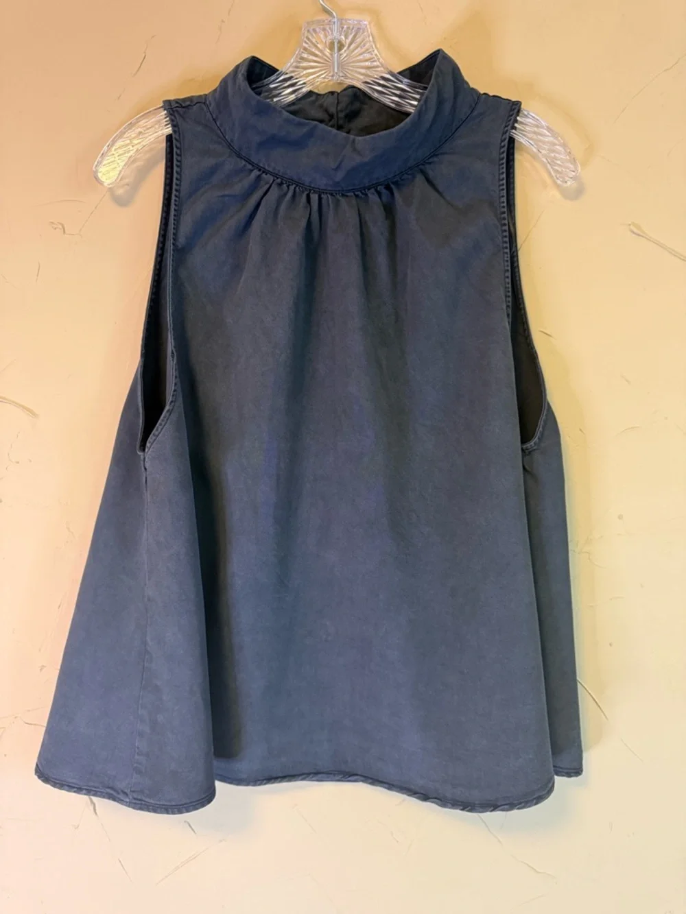 Free People Palm Breeze Top M Navy Boho Chic Mock Neck Flowy Lyocell Minimalist